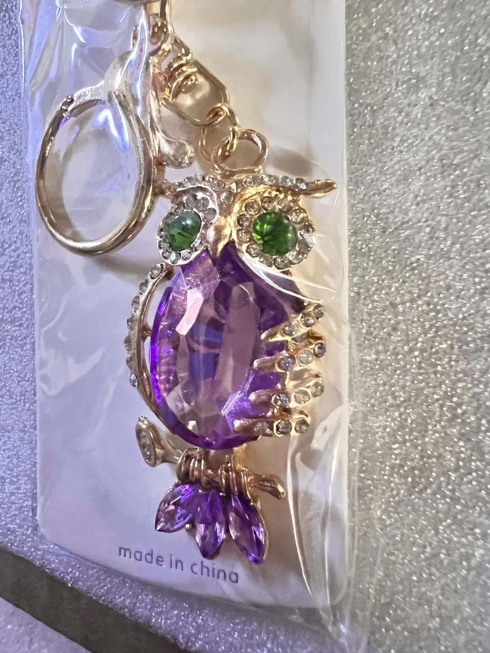 Mint Purple Crystal Owl Keychain with Green Eyes and Gold Tone
